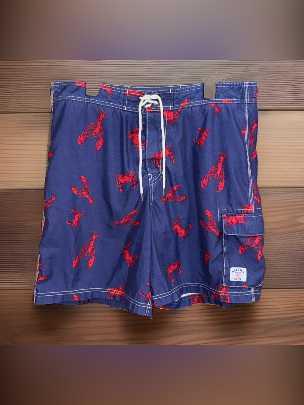 Nautica Men’s Navy Swim Trunks with Red Lobster Print w/Liner-XL-EC